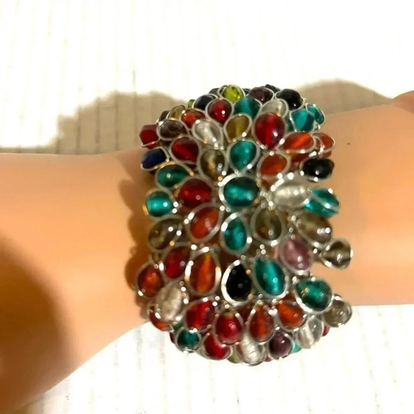 Handcuffed wire wrapped multi colored crystal beads bracelet adjustable - Picture 2 of 4